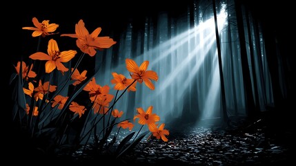 Fototapeta premium Orange flowers illuminate dark forest