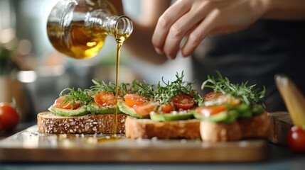 Woman preparing a homemade avocado toast with a dash of olive oil, isolated on white background
