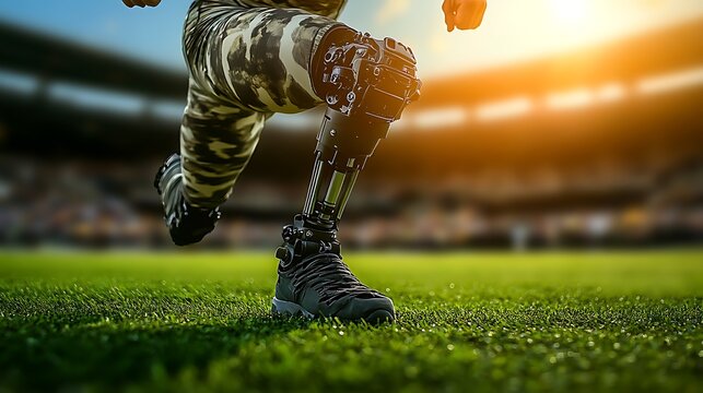 Athlete with prosthetic leg sprinting
