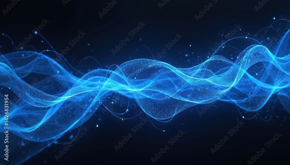 Fototapete Abstract blue energy waves on black background. Digital lines, flowing futuristic design. Dynamic modern design elements for tech presentations, science projects, data visualization, web design,