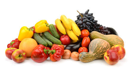 Beautiful and fresh vegetables and fruits isolated on white