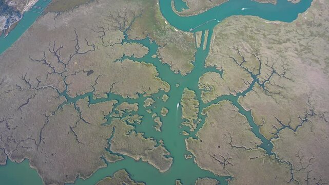 An aerial view of the Dalyan Delta in the Ortaca district of Muğla. The waterways and boat traffic passing through the reeds reveal the natural beauty and ecological diversity of the region.