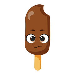 Cute bitten chocolate ice cream with shy smiling face and big eyes isolated on white background perfect for summer designs, packaging, kids decorations, stickers, party invitations