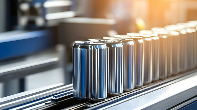 Shiny Metal Cans On Conveyor Belt In Modern Factory