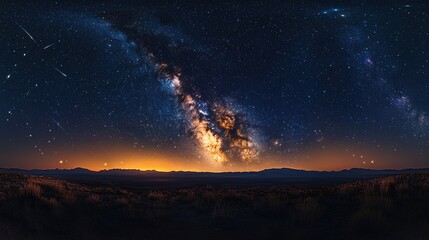 Fototapeta premium Milky Way panorama across a desert landscape