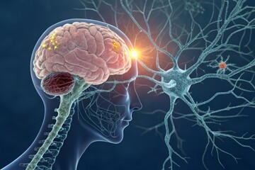 A digital illustration showing a human brain connected to neurons, depicting neural activity and the interplay between brain and nervous system.