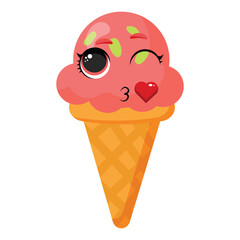 A fun pink ice cream cone with a wink and heart symbol is perfect for romantic designs, summer menus, party invitations, cute decorations and creative dessert-themed projects.