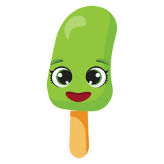 Cute green ice cream character with face Happy frozen treat illustration Funny summer dessert graphic Adorable green snack with big eyes Playful food emoticon on a stick