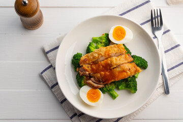 Healthy Diet High Protein Low Fat,zero oil Air fryer Grilled Chicken thighs with boiled egg and broccoli in white plate.It's crispy on skin and soft on the inside.Top view.