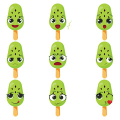 Obraz premium Nine kiwi popsicle characters with different expressions Happy, surprised, sad, worried, angry, silly, neutral, and flirty ice cream emoticons Cute summer