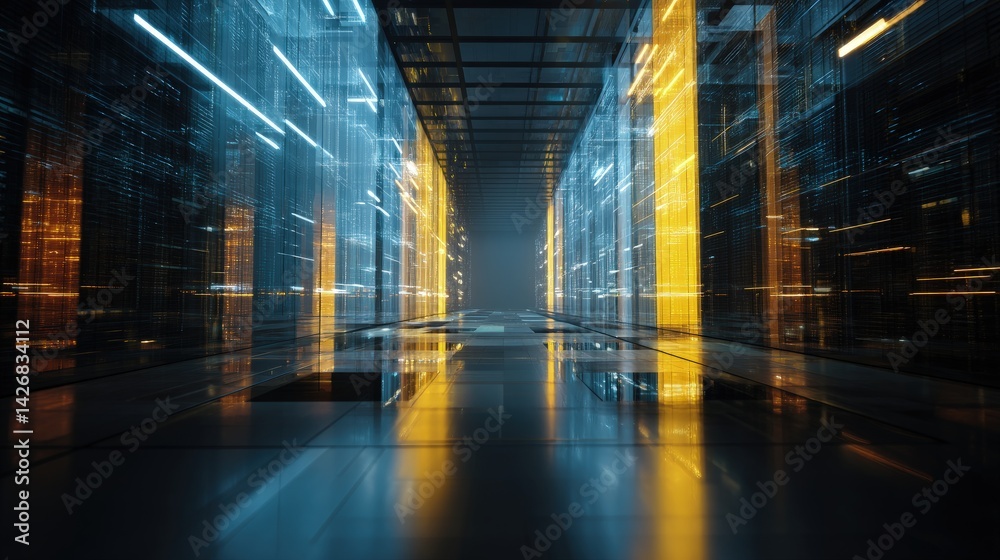 Poster Advanced data center corridor with glowing blue and yellow columns and reflective flooring, ideal for AI, cybersecurity, cloud systems, and futuristic digital infrastructure concepts