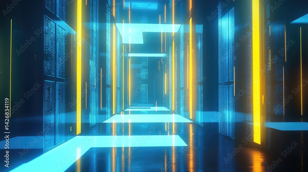 Poster futuristic abstract data center corridor glowing with blue and yellow lights, ideal for ai, cybersec