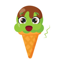 Surprised green ice cream cone character with chocolate drizzle Shocked frozen dessert illustration Funny summer treat graphic with astonished face