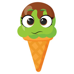 Neutral green ice cream cone character with straight mouth Calm frozen dessert illustration Funny summer treat graphic with unemotional face Adorable fruity snack in a waffle cone