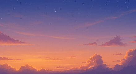 Obraz premium Serene Sunset Sky Vibrant Orange and Purple Hues with Fluffy Clouds and Stars