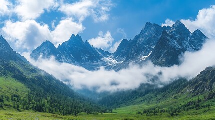 Fototapeta premium Majestic mountain peaks pierce through clouds, creating a stunning scenic vista