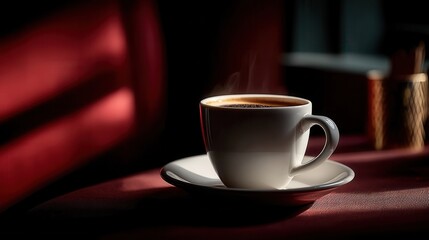 Fototapeta premium Peaceful steaming coffee cup in moody cafe setting