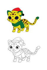 Cute Cheetah Wearing Santa Hat and Scarf Christmas Theme Coloring Book Vector