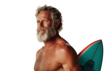 Mature Surfer with Surfboard, Muscular and Fit Senior Athlete
