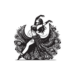 Black Color Belly Dance Silhouette Vector Illustration, Solid White Background