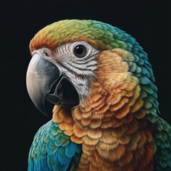 Fototapeta premium Colorful parrot displays vibrant feathers with striking hues in a close-up capture against a dark background