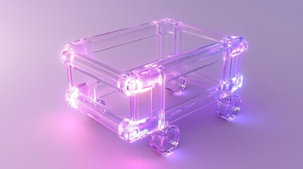 Compact, modern acrylic shopping cart design in, with soft lighting, standing on a pale lavender background