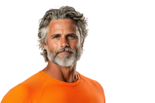 Mature Man in Bright Orange Shirt on White Background