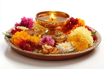 Hindu puja thali featuring diya oil lamp and vibrant flowers for ceremonial worship on a white background