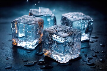 Close-up of ice cubes with bubbles illuminated by cool blue light and condensation forming on the surface