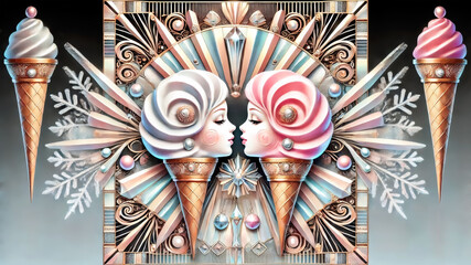 Two elegant ice cream cone characters with stylized faces and swirled hair face each other in a symmetrical, ornate design surrounded by snowflakes, jewels, and art deco patterns.