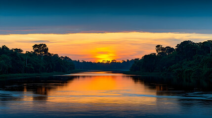 Obraz premium Golden Sunset Over Calm River Through Forest