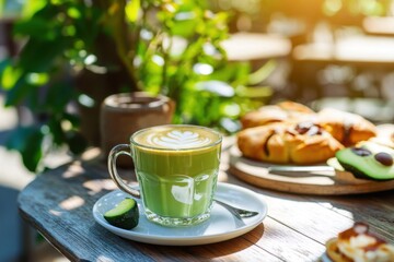 Glass of latte with latte art served with avocado halves and savory mini tarts on outdoor table