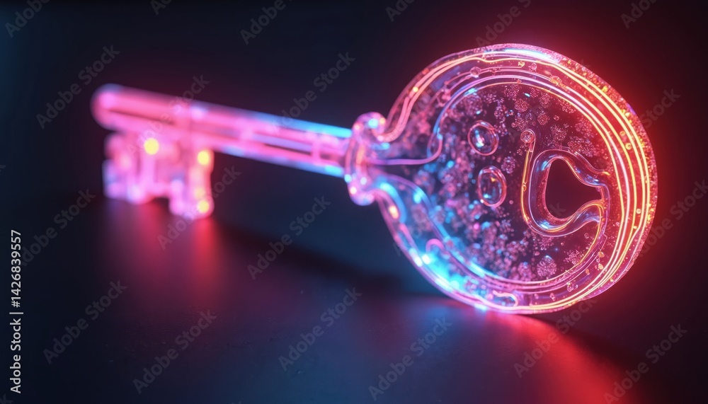 Poster glowing neon key swirling patterns vivid lights. represents access, security, tech, gateway. futuris