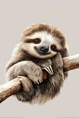 Obraz premium Sleepy baby sloth clings to branch with adorable expression and detailed fur texture