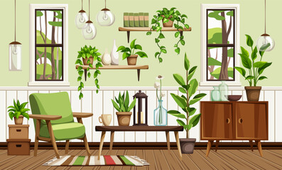 Living room interior design with green walls, an armchair, a dresser, and houseplants. Cartoon vector illustration