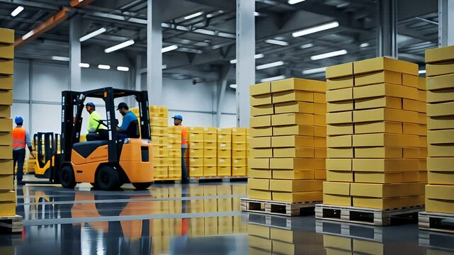 Forklift moving stacks of yellow boxes in a large warehouse, with workers wearing safety gear, focused on efficient inventory management.

