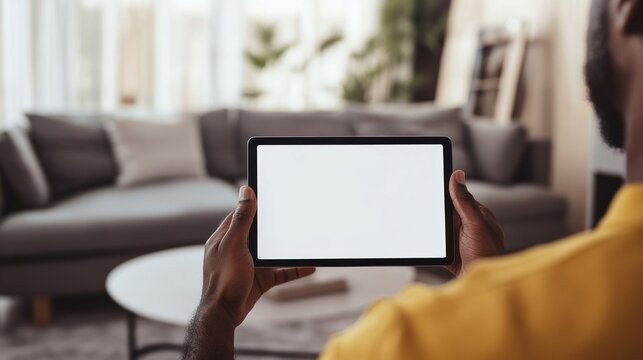 Black man using tablet living modern screen.