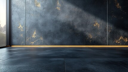 Modern, dark interior space with dramatic lighting
