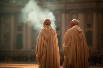 Two priests witness white smoke rise, marking election of new pope