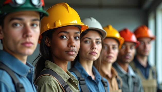 Diverse group of construction workers stand together. Men women of various ethnicities in work helmets, ready to work. Building industry represents teamwork, collaboration, diversity, inclusion. Team