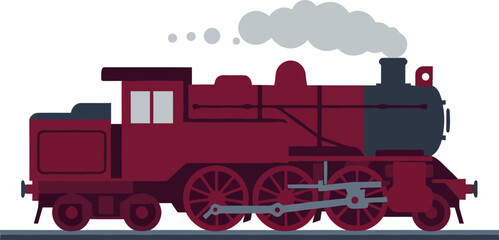 Vintage red steam locomotive train with smoke on railway track vector illustration 