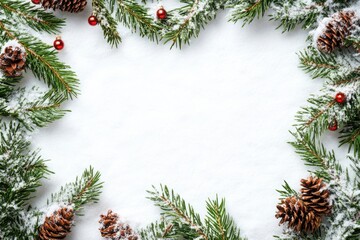 Christmas frame border with green fir branches and cones for winter holiday decor