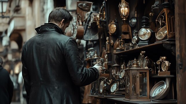 Man exploring vintage shop with antique clocks.