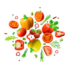 Bell peppers and tomatoes with greens 3D vector round design, glossy ripe vegetables slice, natural healthy plant food