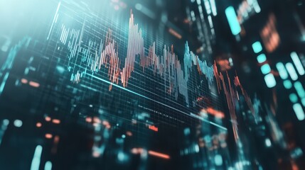 A modern trading business graph fluctuates with up and down trends against an abstract technology background.
