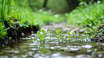 Obraz premium Fresh Plants Growing Beside A Shallow Creek