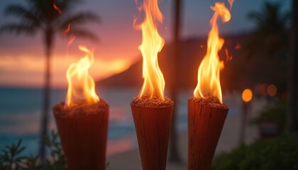 Hawaii sunset illustration with burning fire torches. Hawaiian icon lights at dusk at beach resort. Cozy atmosphere, ideal for outdoor lighting and decoration on party. Tropical island vacation.
