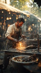 Fototapeta premium Blacksmith crafting metal in a workshop.