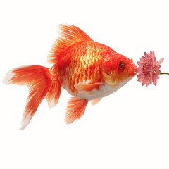 Goldfish Gently Sniffing a Pink Flower on a Peach Background