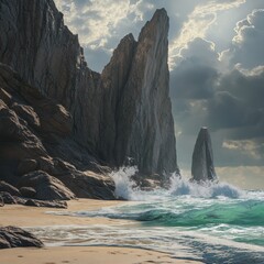 A beach with towering rock formations along the shore, waves crashing dramatically against the rocks, the sky dark and brooding, ultra-realistic